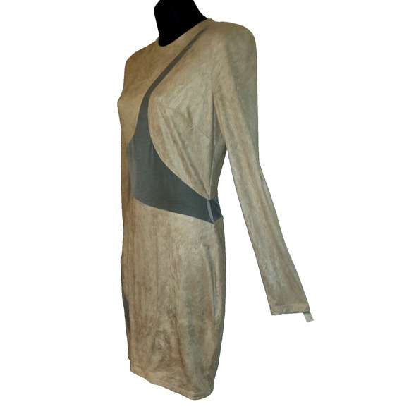 Va Va Voom Dress BODYCON Beige See-thru Mesh Panels Faux Suede Vintage Y2K M - Picture 4 of 15